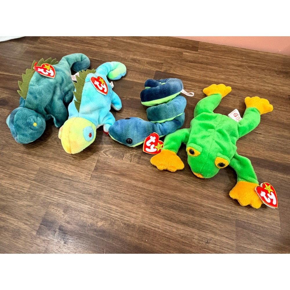 Ty Beanie Babies Reptile Bundle Smoochy Frog Hissy Snake Iggy Iguana Lot of 4